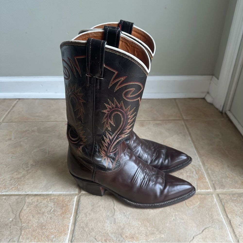 Vintage 70s Nocona Boots Brown Leather Cowboy Pointed Toe Embroidered​